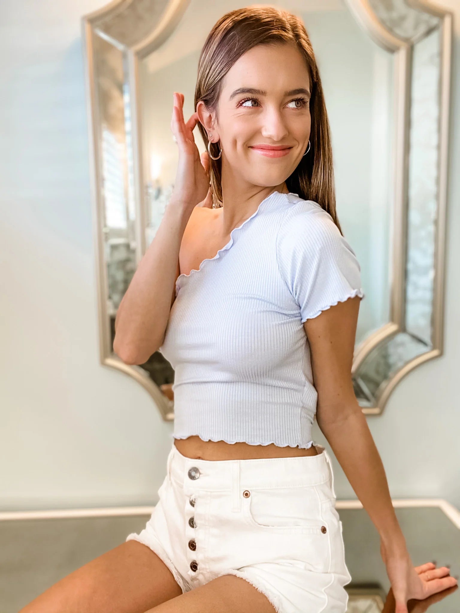 Crosby One Shoulder Top in Light Blue