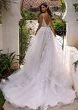 A Line Lace White Sweep Train Sleeveless Backless Wedding Dress