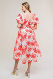 COTTAGE GARDEN PUFF SLEEVE MIDI DRESS RED