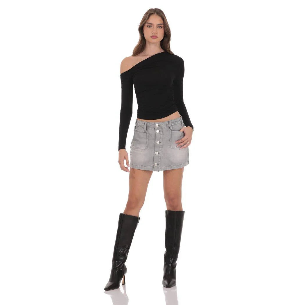 Buttoned Denim Skirt in Washed Grey