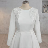 A Line White Long Sleeves Appliqued Wedding Dresses with Train