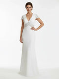 Modest Simple Sheath Short Sleeve Empire Floor Length Sweep Train Chiffon V neck Wedding Dress