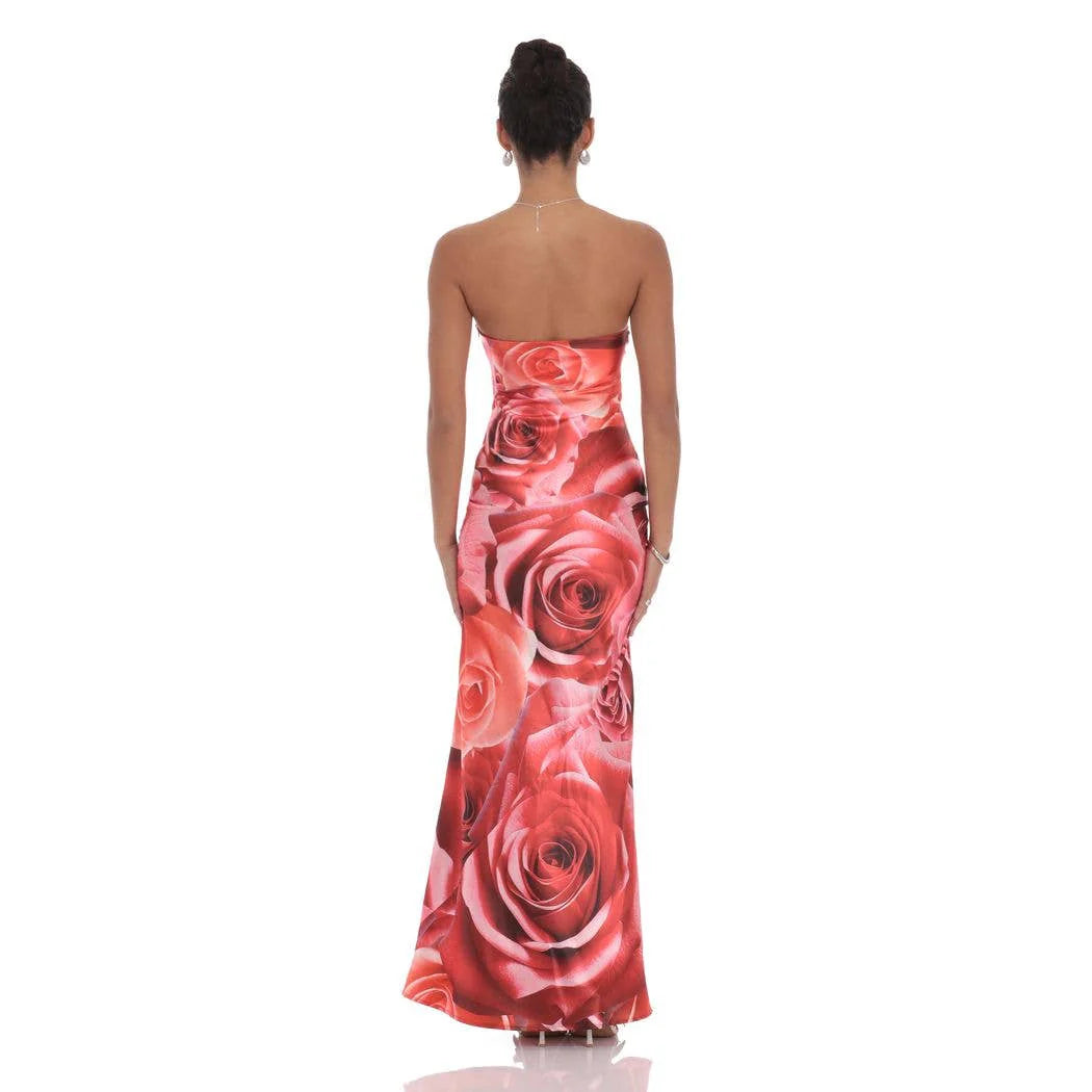 Lucy in the Sky Rose Strapless Maxi Dress in Red