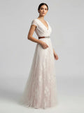Short Sleeve V neck Pleated Long Lace Wedding Dress