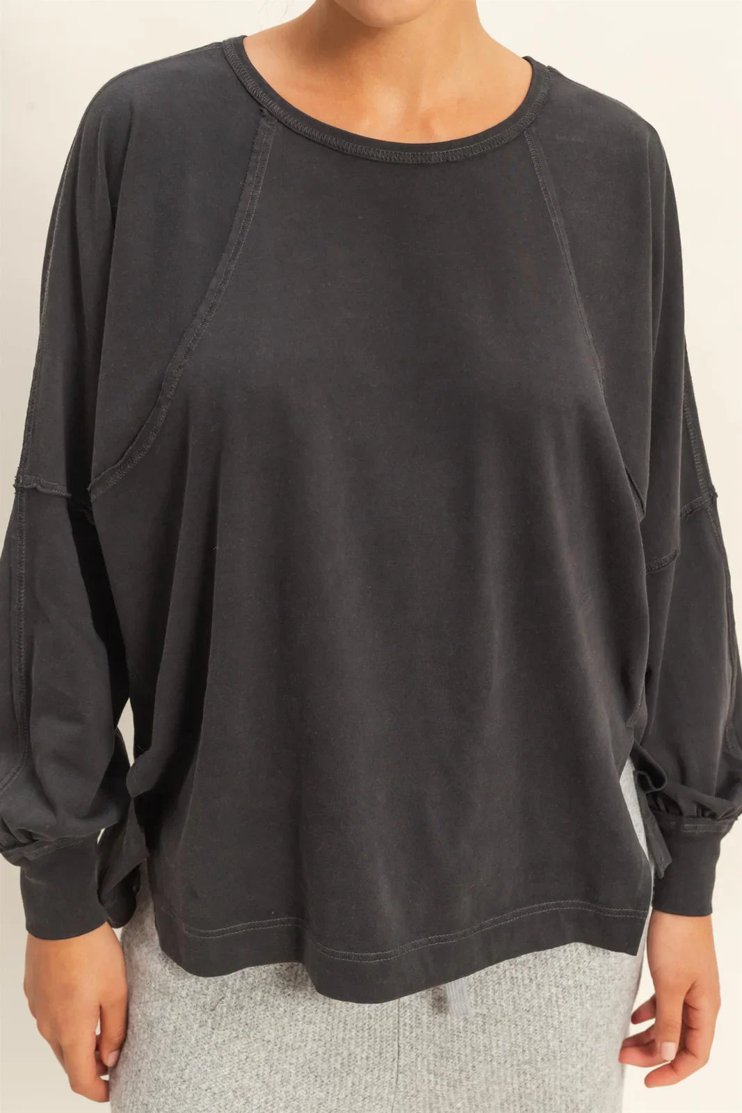 Lila Washed Oversized Long Sleeve Top With Slit