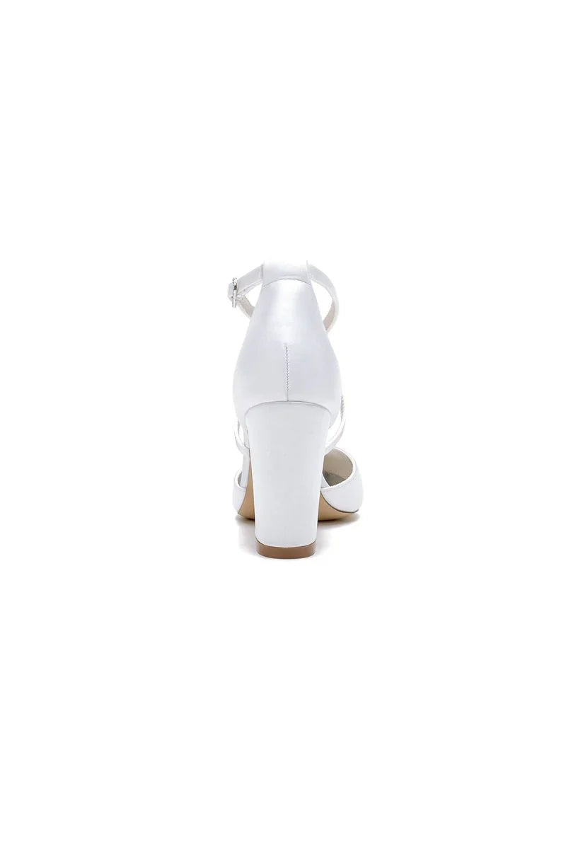 White Cross Strap Pump with Crystal Flower Accent