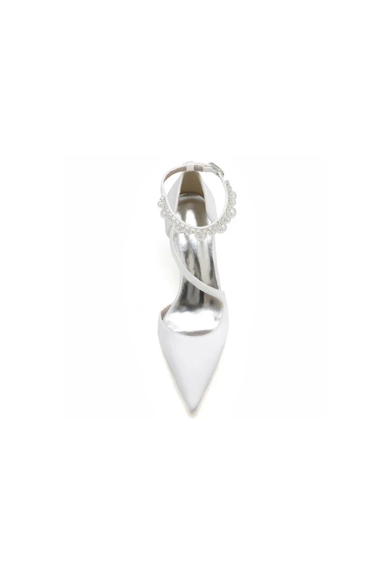 White Satin Heels with Cross Strap Design and Pearl Accented Buckle