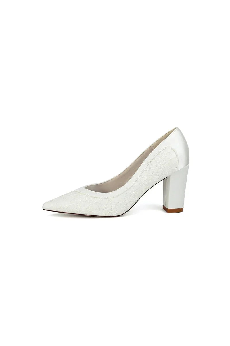 Ivory Lace High Heels with Wooden Heel