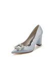 Pointed Toe Block Heels with Rhinestone