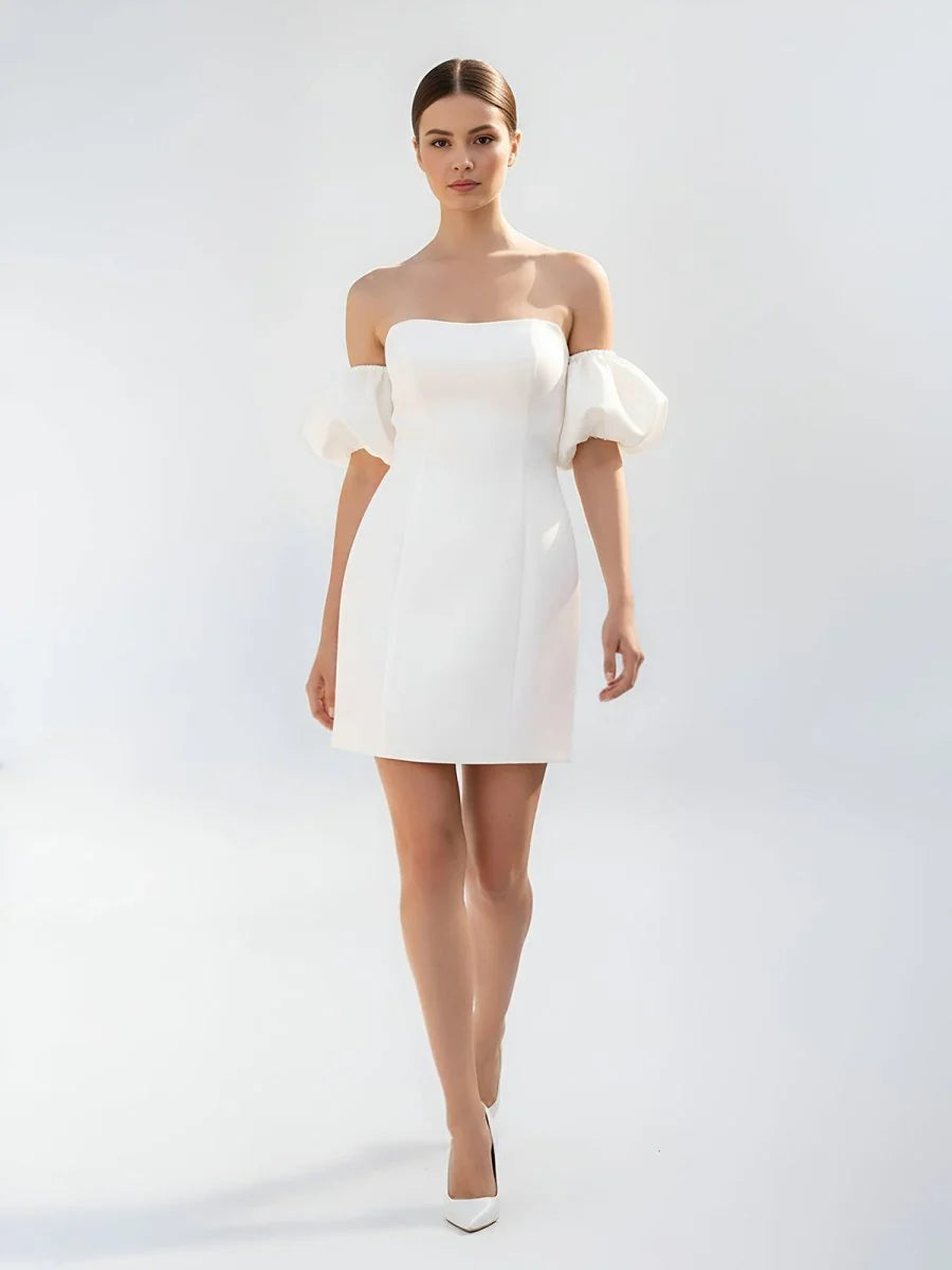 Short Satin White Wedding Dress Strapless Off the Shoulder