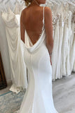 White Spaghetti Straps Long Mermaid Boho Wedding Dress with Lace