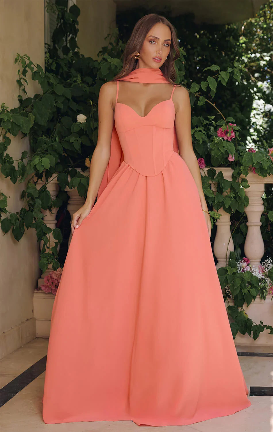 EFFIE GOWN A LINE CHIFFON DRESS WITH SCARF