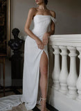 Sheath One Shoulder Sleeveless Satin Wedding Dresses with Slit
