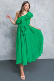 SUN KISSED STYLE GREEN ONE SHOULDER RUFFLE MIDI DRESS