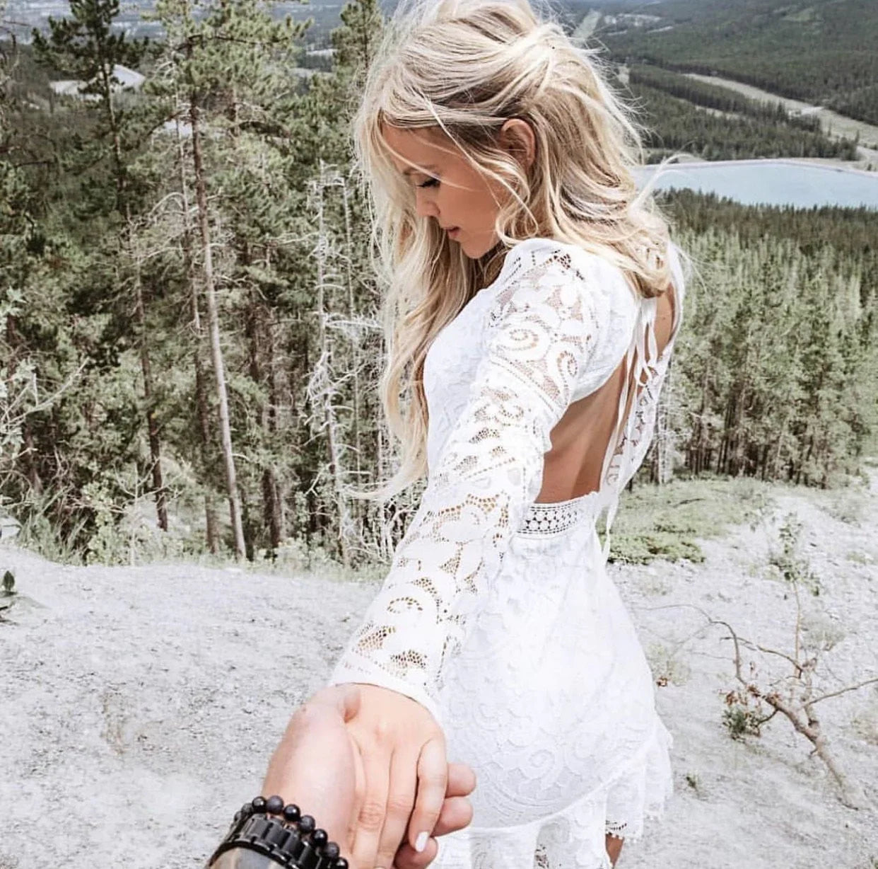 Medindie Dress White Lace Open Back Dress