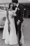 A Line White Satin Strapless Wedding Dresses with Slit