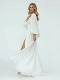 White Satin Simple A Line Long Wedding Dress with Slit