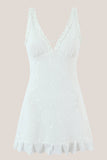 White V Neck Tulle Ruffled A Line Mini Dress