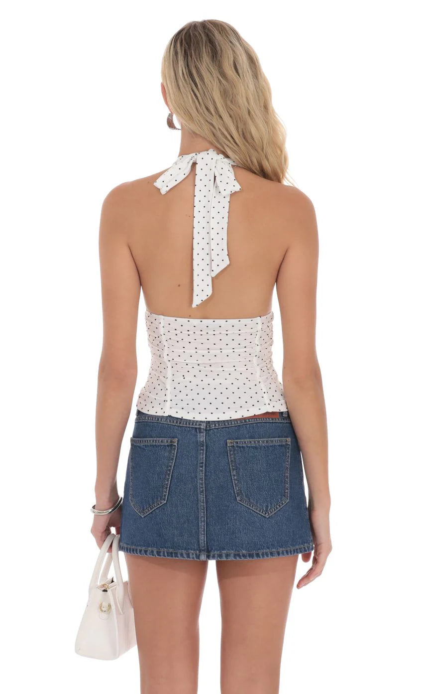 Lucy in the Sky Polka Dot Ruched Halter Top in White