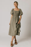 Janie Smocked Midi Dress in Olive FINAL SALE