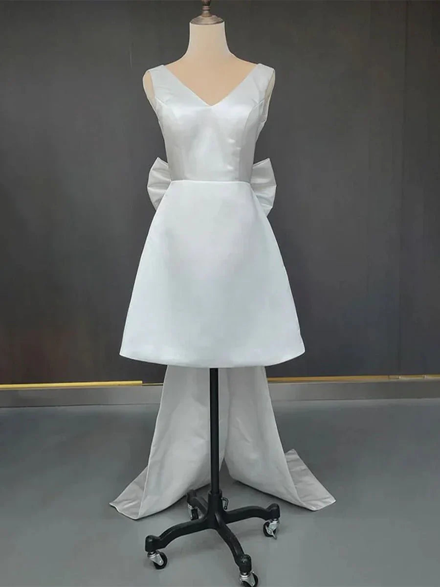 A Line Satin V Neck Short Wedding Dress with Large Bow