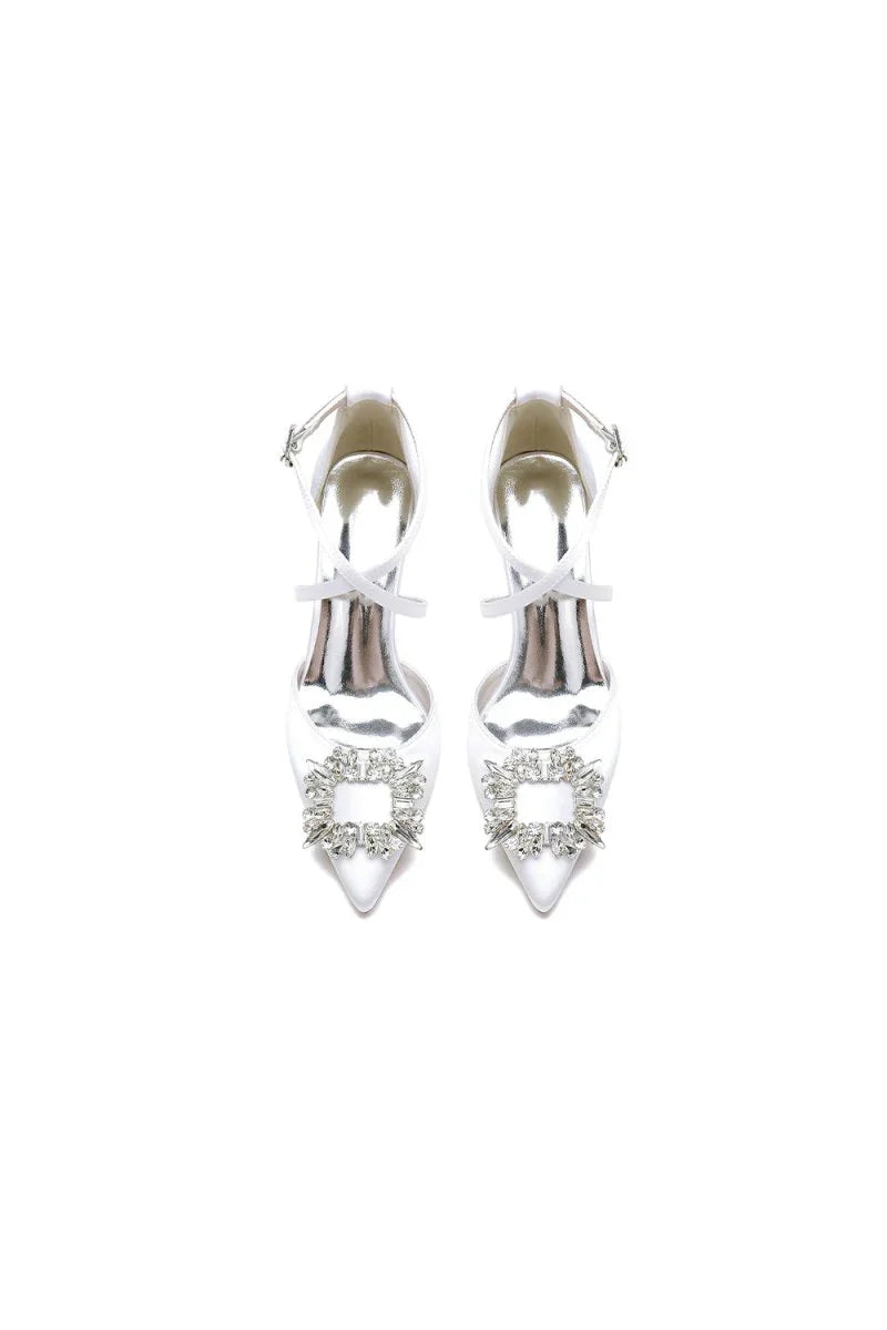 White Satin Pump with Crystal Embellished Cross Strap