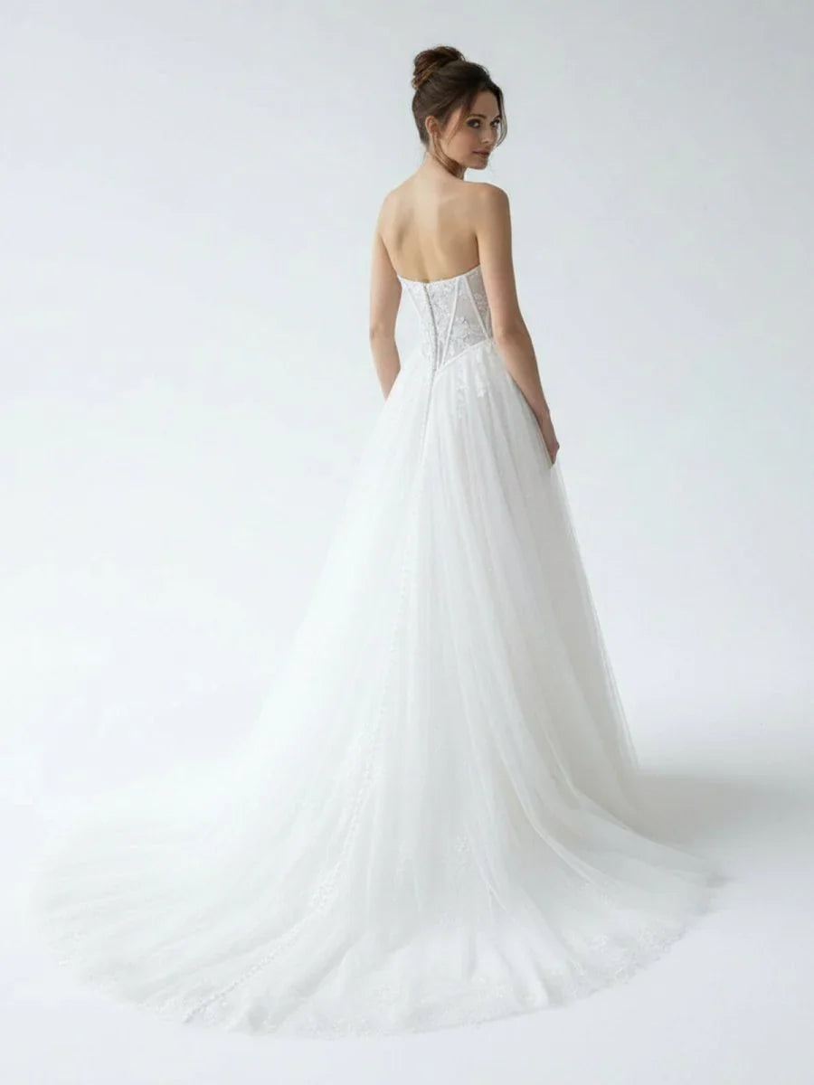 Charming A Line Strapless Tulle Lace Wedding Dresses