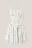 White Warm Rose Print Cotton Lace Trim Mini Dress