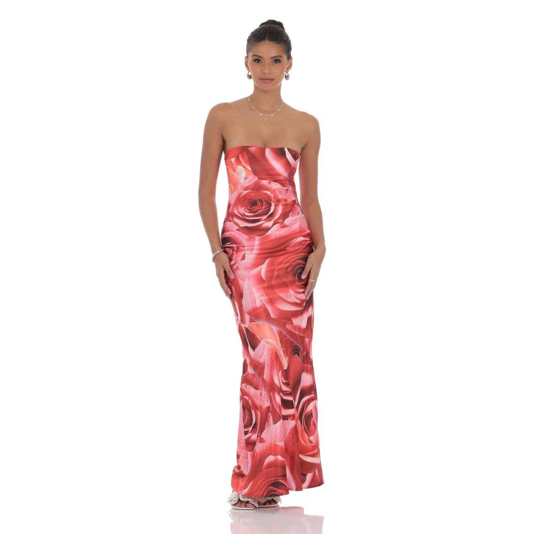 Lucy in the Sky Rose Strapless Maxi Dress in Red