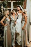 Sheath V Neck Sage Green Silk Satin Bridesmaid Dress with Bow