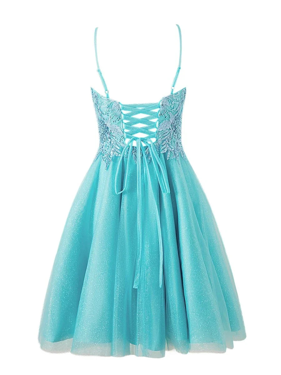 A line Short Spaghetti Strap Glitter Tulle Homecoming Dress