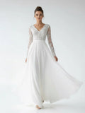 Romantic Modern A Line Floor length Chiffon Lace V neck Long Sleeve Wedding Dress