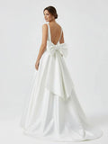 Ivory A Line Deep V Neck Long Wedding Dress with Bowknot