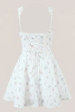White Warm Rose Print Cotton Ruffled Mini Dress