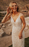 Sexy Mermaid V neck Lace Sleeveless Wedding Dress with Sweep Train Simple Elegant Ethereal Country Garden