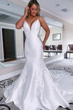 White Mermaid Long Satin Wedding Dress with Appliqued