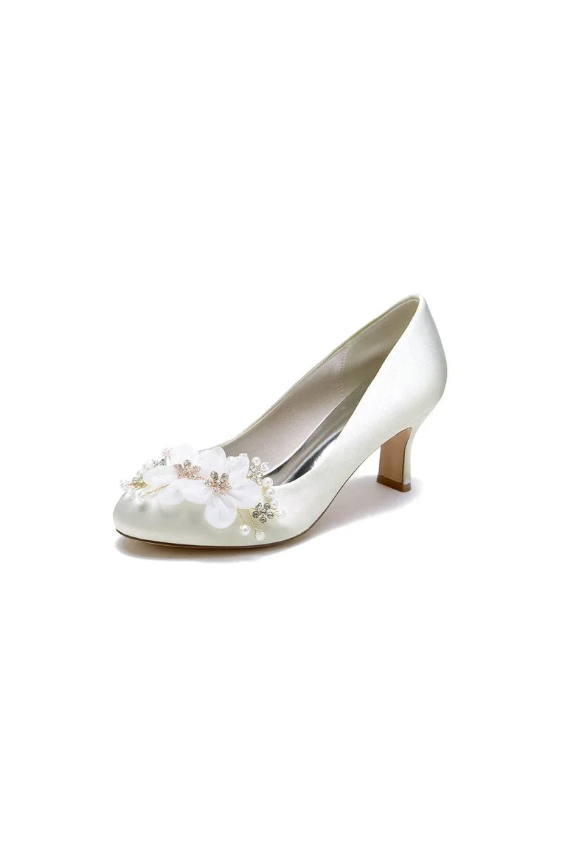 Rhinestone White Chunky Heels with Flower