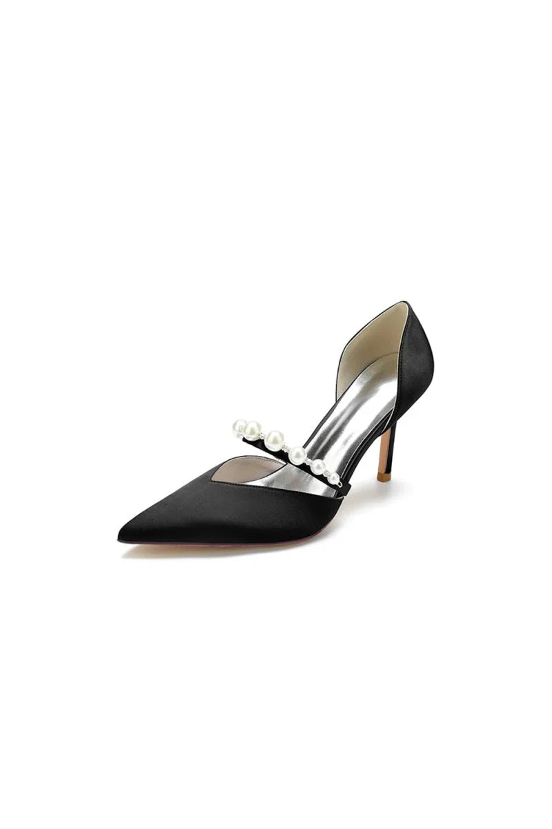Party Pearl Strap Pointed Toe Satin High Heels