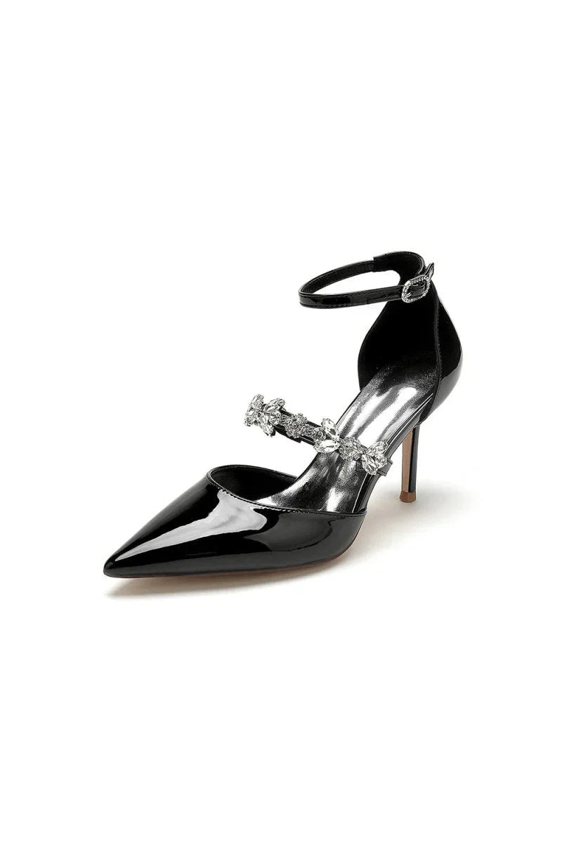 Rhinestone Leather Shoes with Ankle Strap