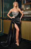 CHANDRA GOWN SATIN DRESS WITH BEADED BODICE HIP SASH
