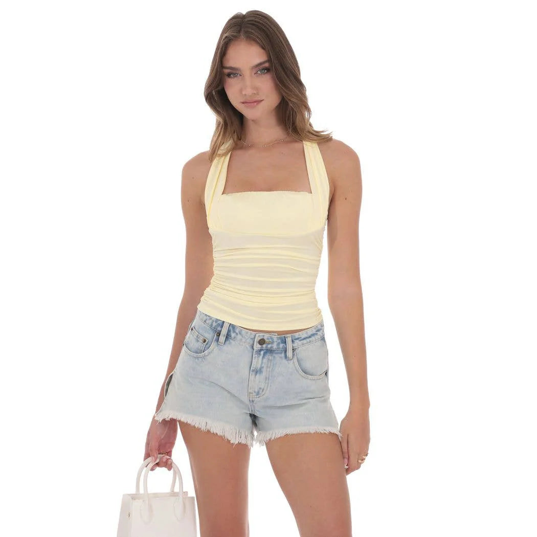 Lucy in the Sky Halter Ruched Top in Yellow