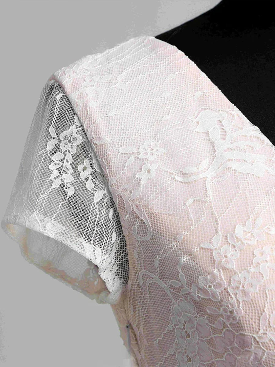 Short Sleeve V neck Pleated Long Lace Wedding Dress
