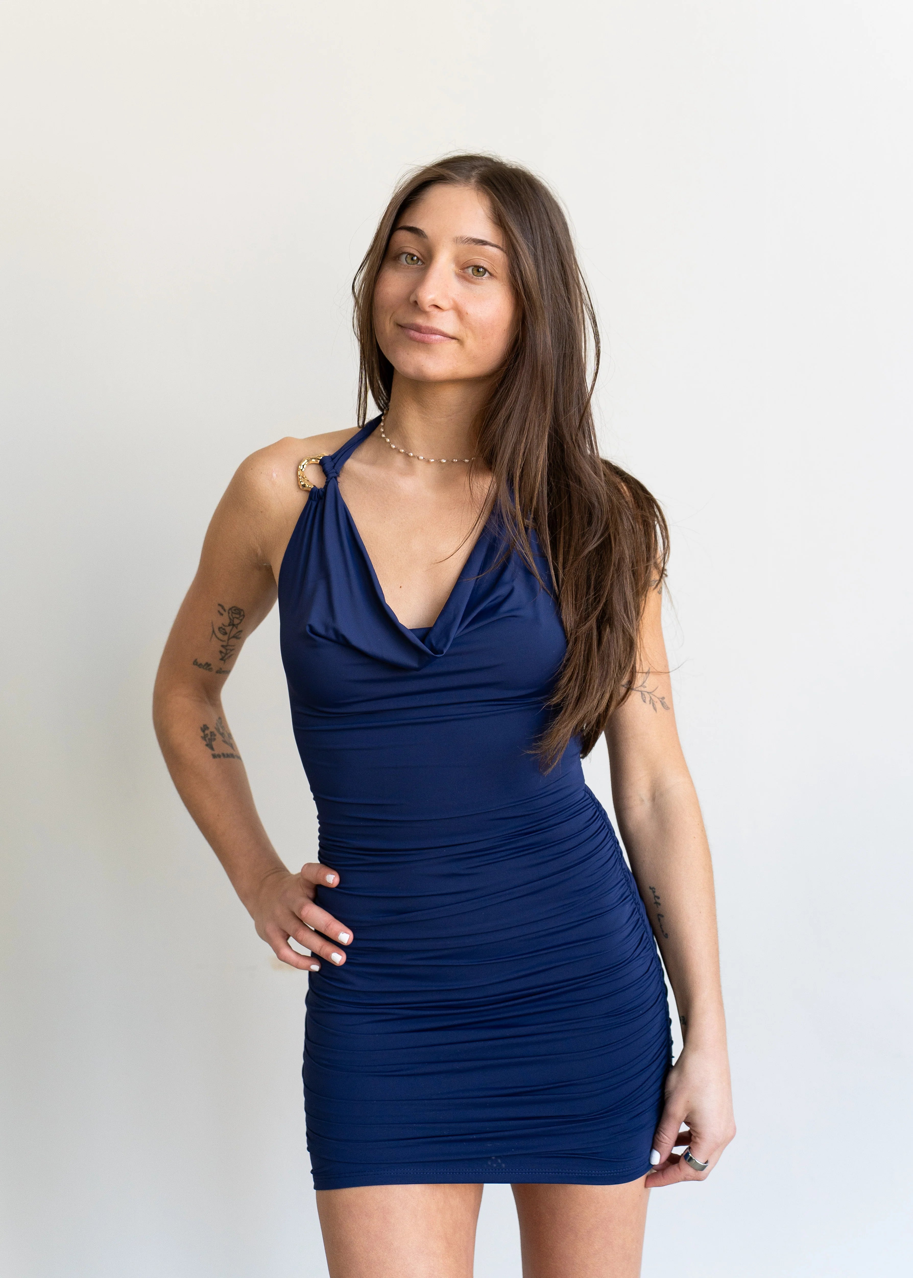 Lucy in the Sky Embellished Cowl Neck Dress in Navy