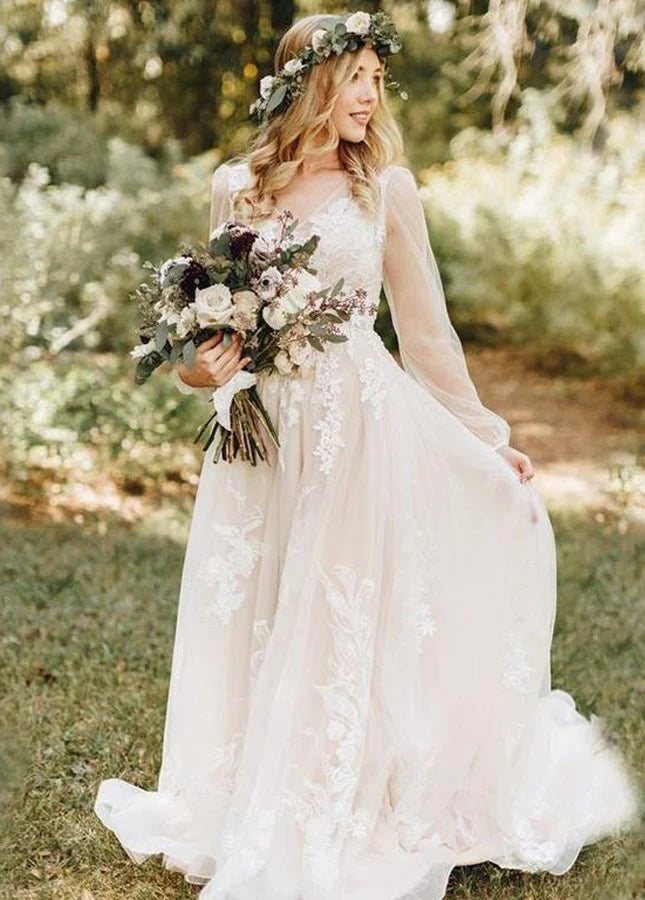 Long Bohemian Wedding Dresses Illusion Sleeves V Neck Back