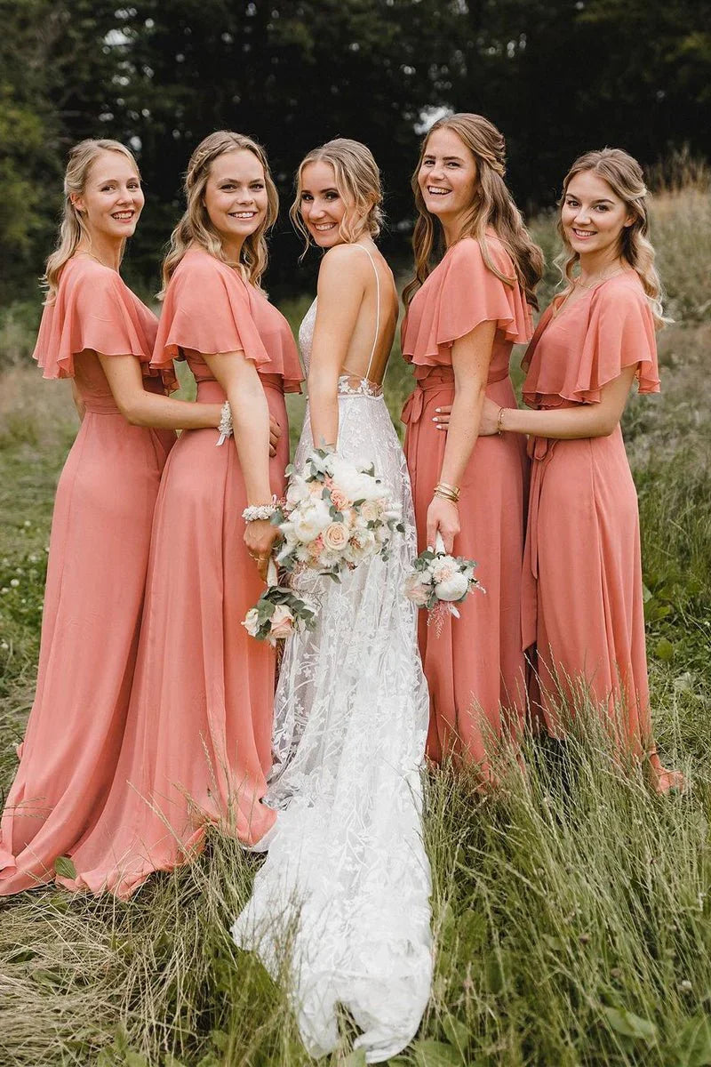 Simple A Line Coral Chiffon Long Bridesmaid Dresses