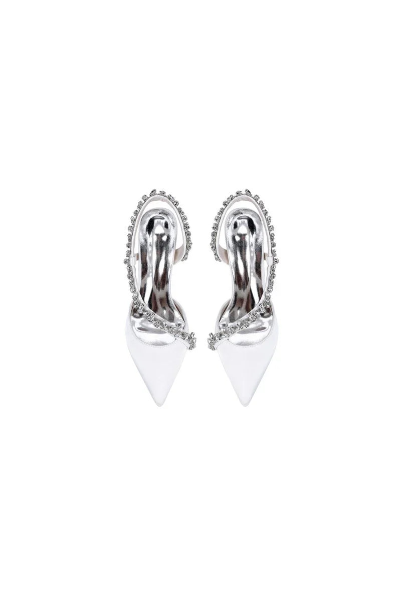 White Satin High Heels with Crystal Embellishments