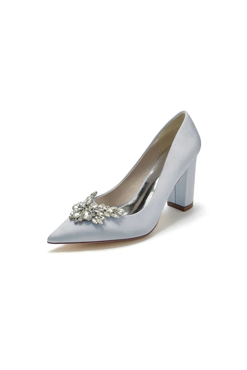 Satin Pointed Toe Slip on Chunky Heels With Rhinestone