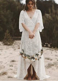 Bohemian Lace Deep V Neck Half Sleeves A Line Beach Wedding Dresses