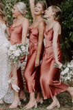 Bohemian Sheath Straps Rust Silk Satin Ankle Length Bridesmaid Dresses