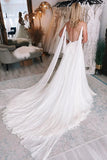 Ivory A Line Watteau Train Boho Long Chiffon Wedding Dress with Lace